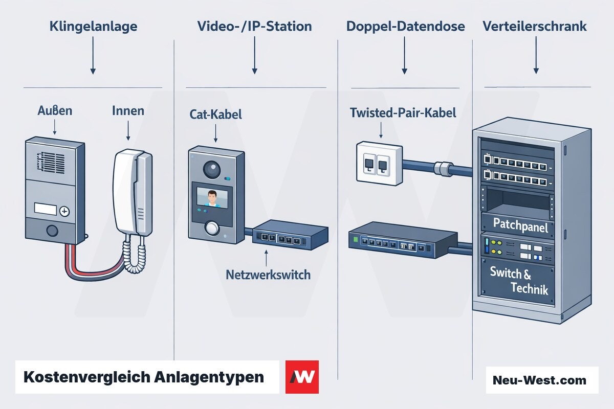 Vergleichende Erklaer-Illustration von Klingelanlage, Video-/IP-Gegensprechanlage und Netzwerkverkabelung mit Datendose und Verteilerschrank.