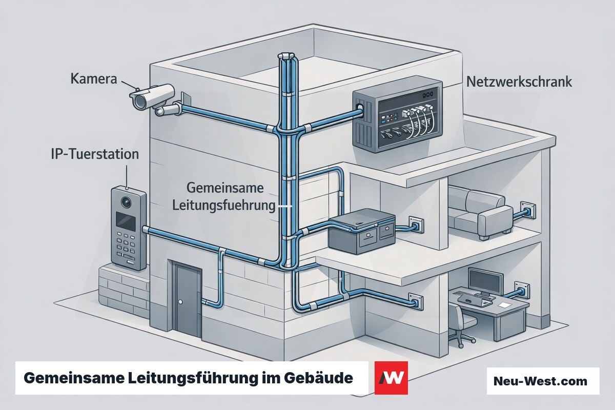 Isometrische Darstellung eines Gebäudes mit gemeinsamer Leitungsführung von IP-Türstation, Kamera und Netzwerkschrank zu RJ45-Datendosen.