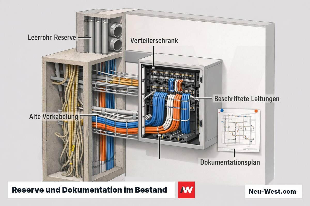Erklaer-Illustration eines Verteilerschranks mit beschrifteten Leitungen, Leerrohr-Reserven und Dokumentationsplan fuer Ausbaustufen im Gebaeudebestand.