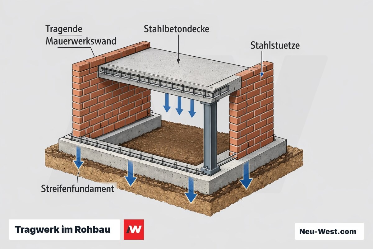Querschnitt eines Rohbau-Tragwerks mit Fundament, tragender Mauerwerkswand, Stahlbetondecke und eingebundener Stahlstütze zur Lastableitung.