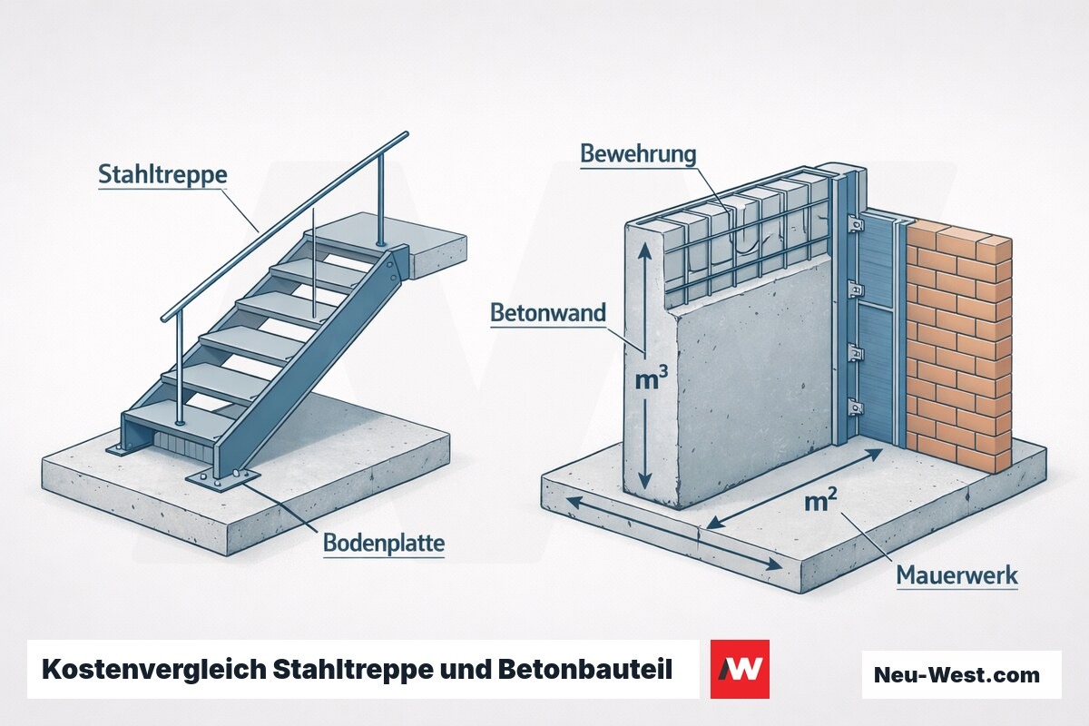 Erklaer-Illustration im Querschnitt: einfache Stahltreppe neben massiver Betonwand mit Bewehrung und Mauerwerk, mit Mengenangaben in Kubikmeter und Quadratmeter.
