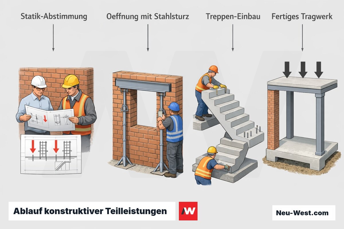 Vierstufige Prozessgrafik konstruktiver Rohbauleistungen: Statik-Abstimmung, Öffnung mit Stahlsturz, Treppen-Einbau bis zum fertigen Tragwerk.
