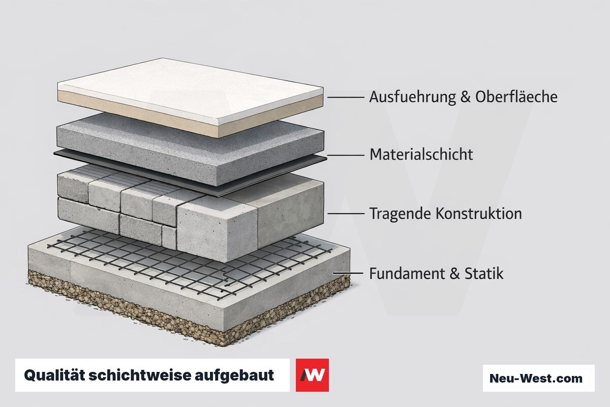 Schichtaufbau eines Bauteils: Fundament mit Bewehrung, tragende Konstruktion, Materialschicht und Oberflächen-Ausführung als getrennte Ebenen.