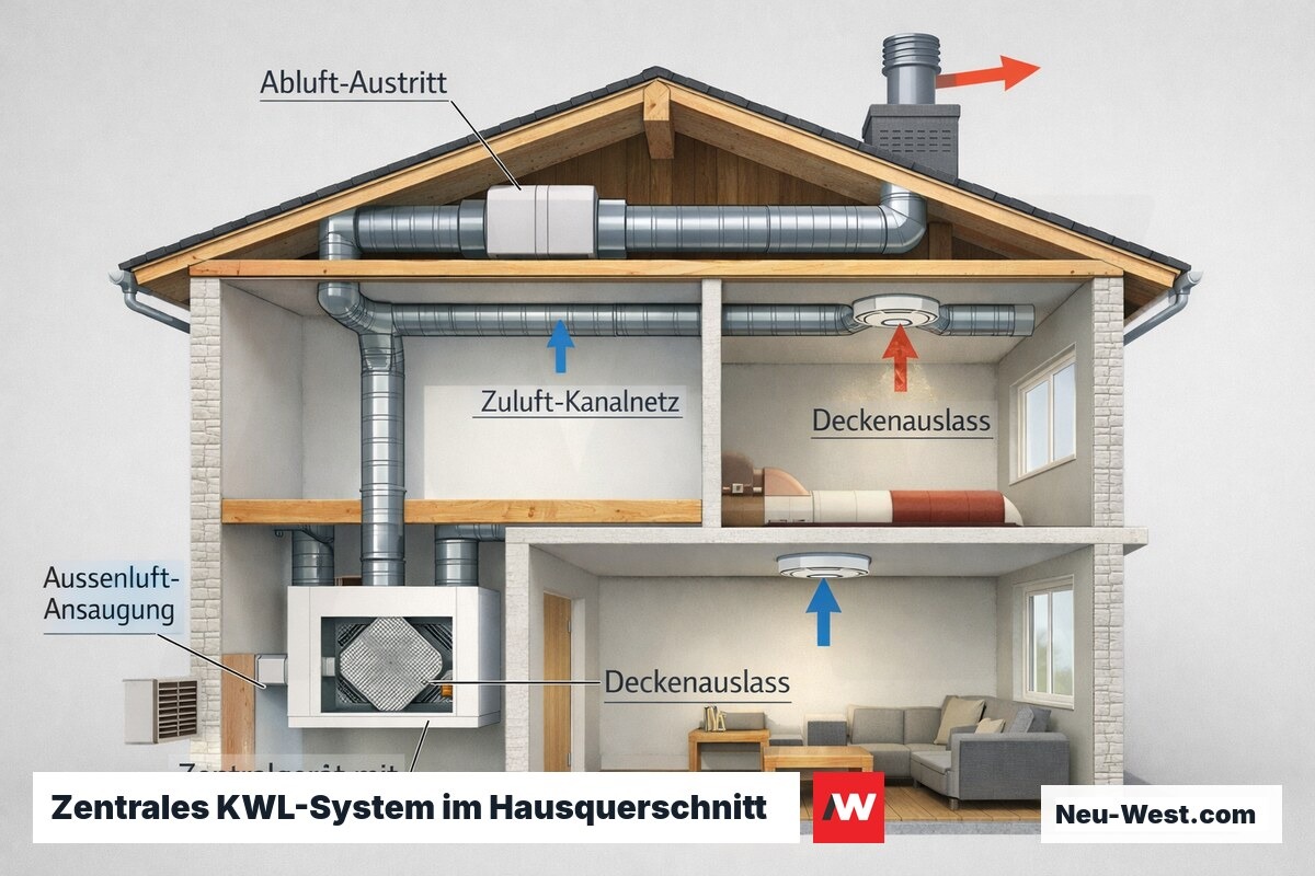 Hausquerschnitt mit zentraler Lüftungsanlage: Kanalführung durch Decken, Zentralgerät im Technikraum, Zu- und Abluft farbig markiert