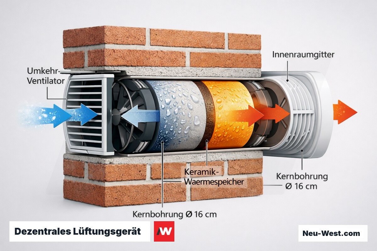 Schnittdarstellung eines dezentralen KWL-Geräts in Außenwand mit Keramik-Wärmespeicher und Kernbohrung, Luftströmungsphasen farbig
