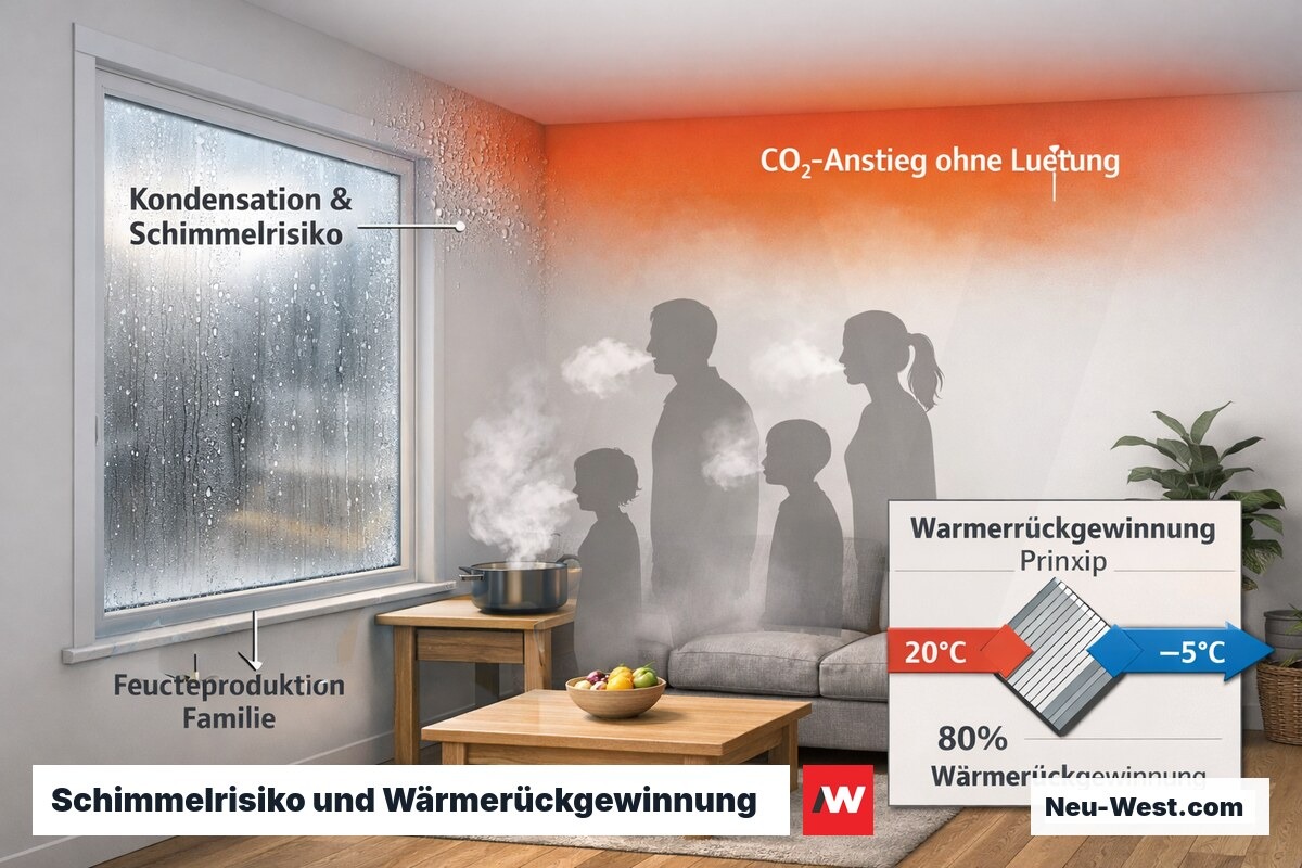Wohnraum-Querschnitt zeigt Feuchtigkeitsprobleme ohne Lüftung und Prinzip der Wärmerückgewinnung im Gegenstrom-Wärmetauscher