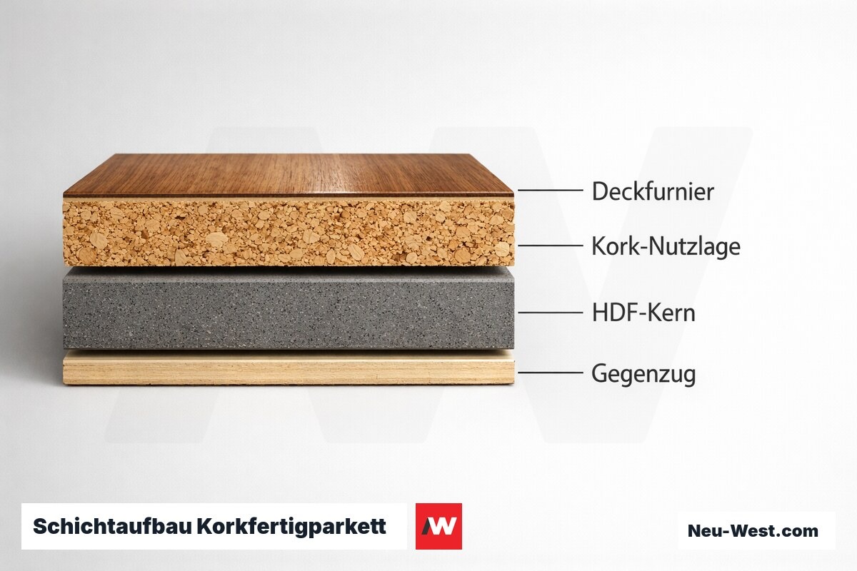 Schichtaufbau Korkfertigparkett – Erklär-Grafik (NEUWEST Berlin)