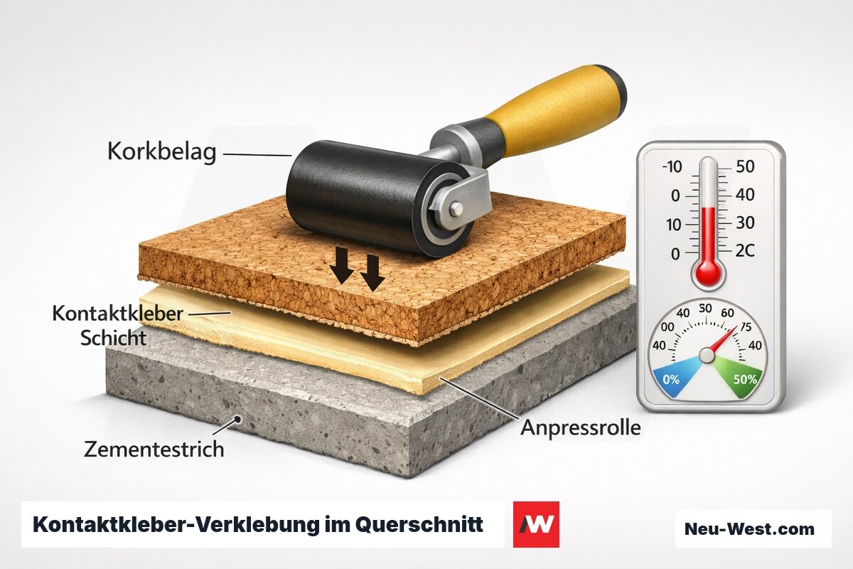 Querschnitt einer Korkverklebung mit Kontaktkleber: Zementestrich, beidseitige Kleberschicht, Korkbelag und Anpressrolle beim Fügen.