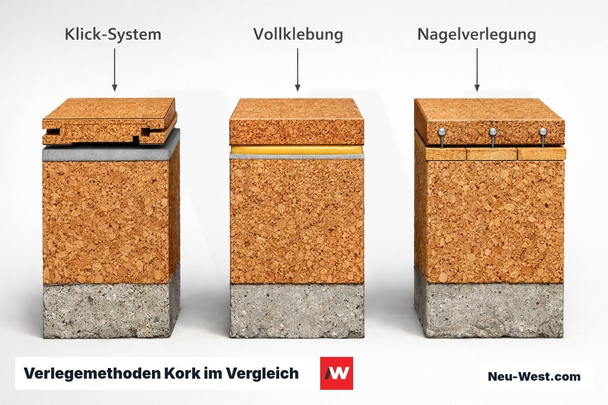 Verlegemethoden Kork im Vergleich – Erklär-Grafik (NEUWEST Berlin)