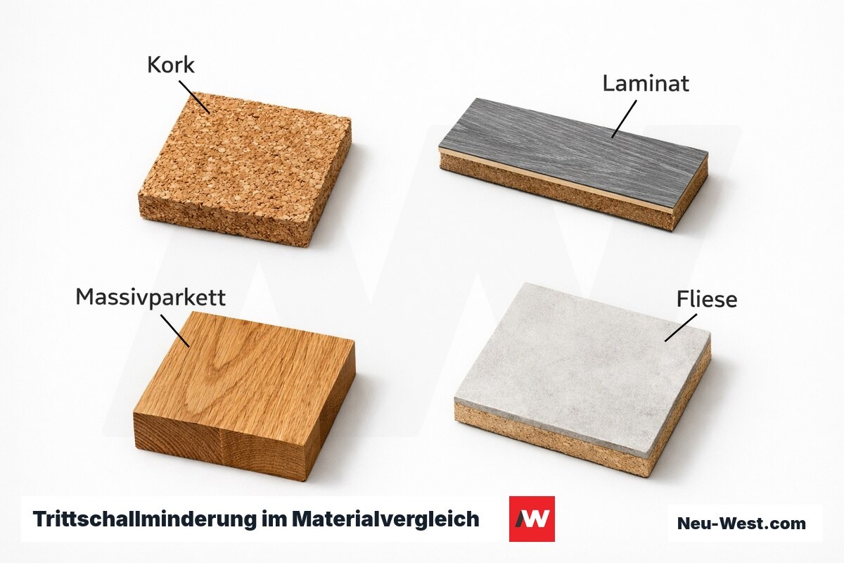 Trittschallminderung im Materialvergleich – Erklär-Grafik (NEUWEST Berlin)
