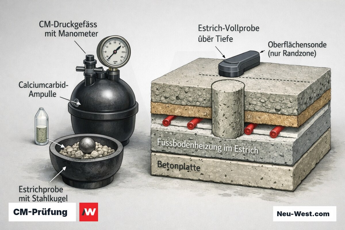 Querschnitt-Grafik: CM-Druckgefäß mit Manometer und Estrich-Vollprobe über die Schichttiefe gegenüber flacher Oberflächensonde an beheiztem Estrich.