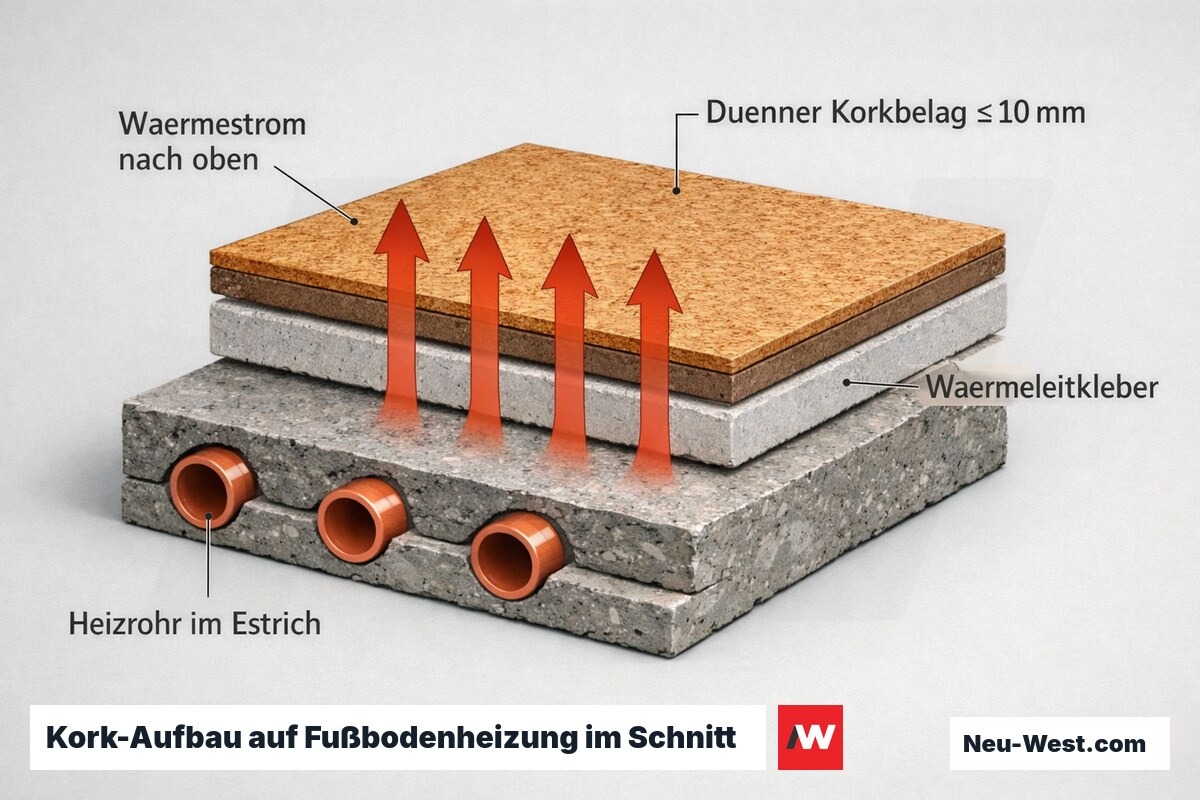 Technischer Querschnitt einer Fußbodenheizung mit Heizrohren, Wärmeleitkleber und dünnem Korkbelag samt aufsteigendem Wärmestrom.