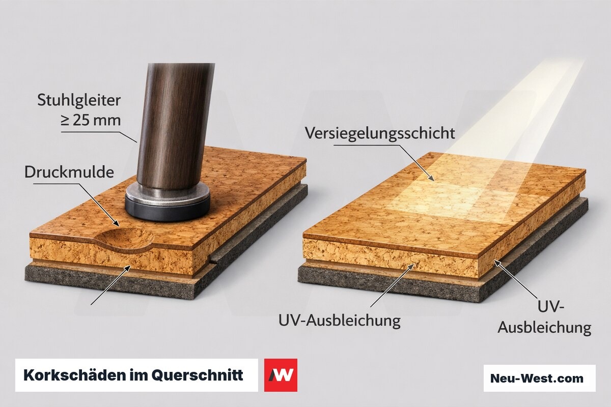 Querschnitt eines Korkbodens zeigt Druckmulde unter Möbelfuß und UV-Ausbleichung an der Fensterfront mit beschrifteten Schichten.