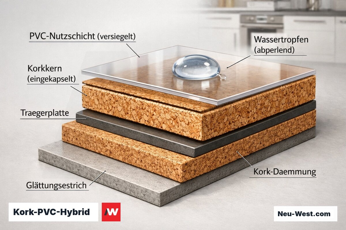 Querschnitt eines Kork-PVC-Hybridbelags: Wassertropfen perlt auf versiegelter PVC-Nutzschicht ab, Korkkern bleibt geschuetzt.