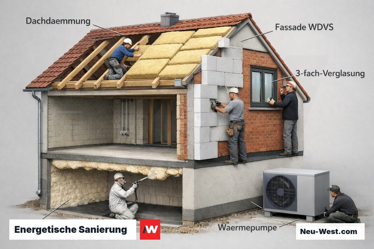 Querschnitt eines Einfamilienhauses mit allen Schichten der energetischen Sanierung: Dach, Fassade, Fenster und Wärmepumpe.