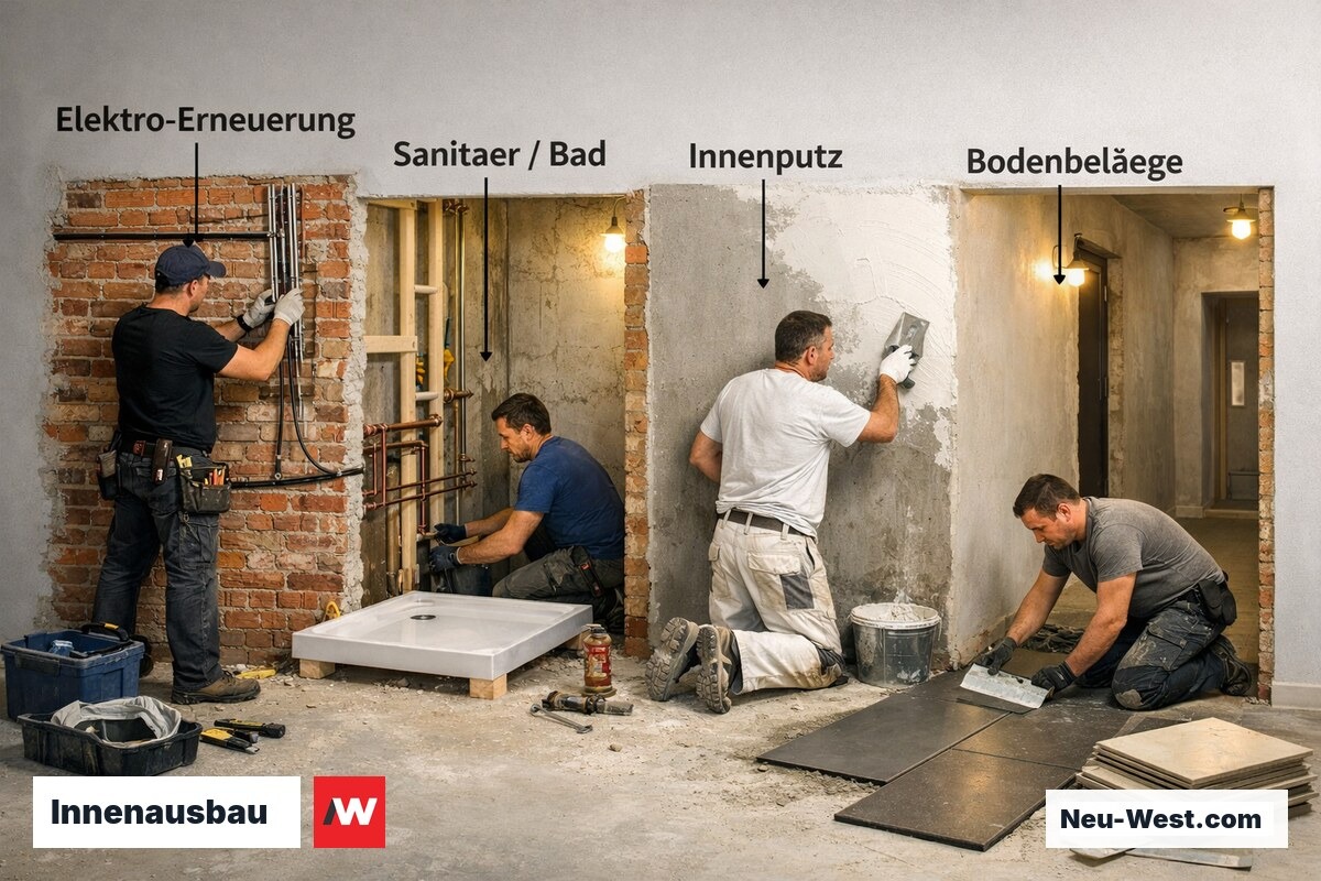 Hausinneres in Sanierung mit Elektrikern, Installateuren, Verputzern und Bodenlegern in angrenzenden Räumen gleichzeitig.