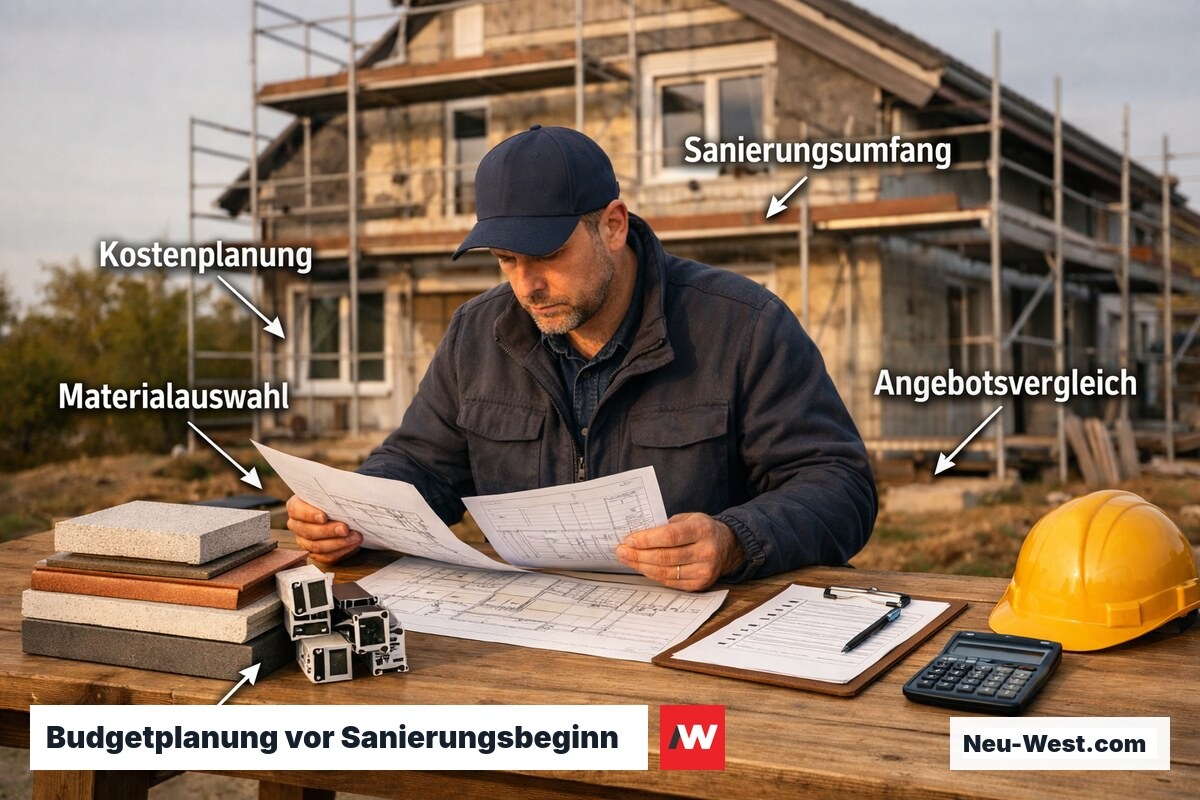 Bauleiter prüft Kostenpläne und Materialmuster vor einem teilsanierten Einfamilienhaus mit Gerüst.