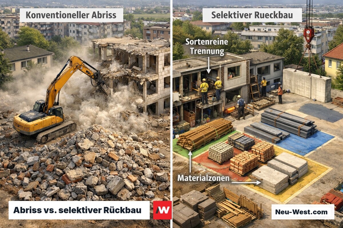 Vergleich konventioneller Abriss mit gemischtem Schutt vs. selektiver Rückbau mit sortenreiner Materialtrennung auf Baustelle