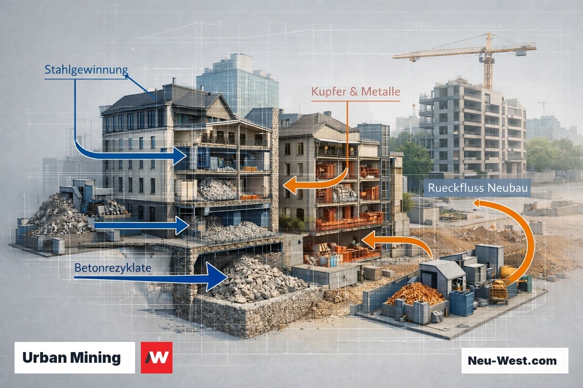 Stadtquerschnitt zeigt Gebäude als Materialressourcen; Rohstoffströme fließen aus Altbauten in neue Bauprojekte zurück