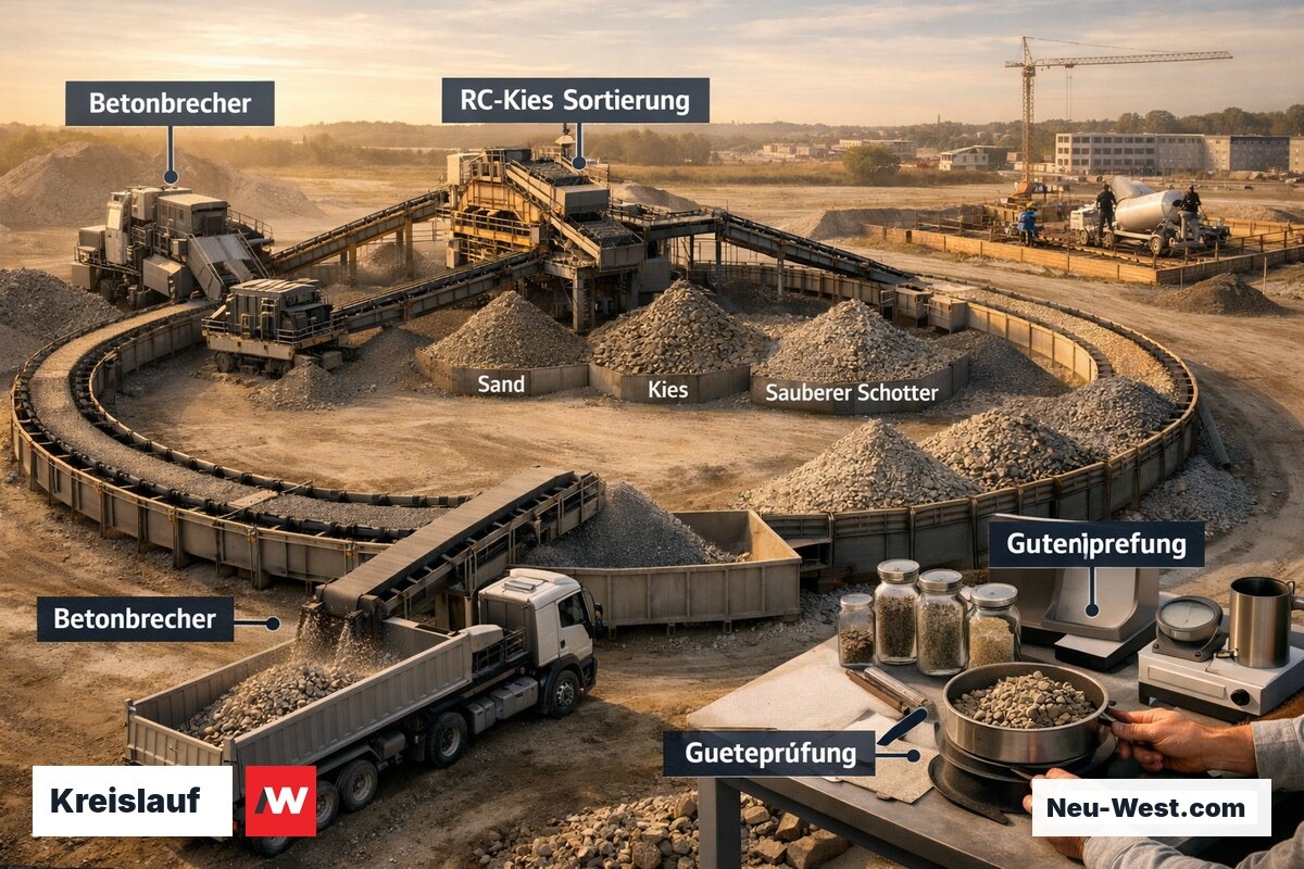 Kreislauf-Infografik zeigt Weg von gebrochenem Bauschutt über Aufbereitung und Qualitätsprüfung bis zum Wiedereinbau als RC-Beton