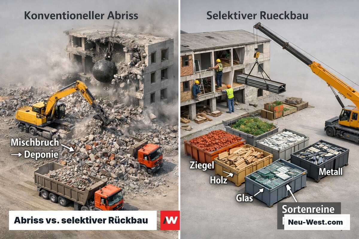 Links ungeordnete Abbruchstelle mit Mischbruch, rechts selektiver Rückbau mit sortierten Materialcontainern