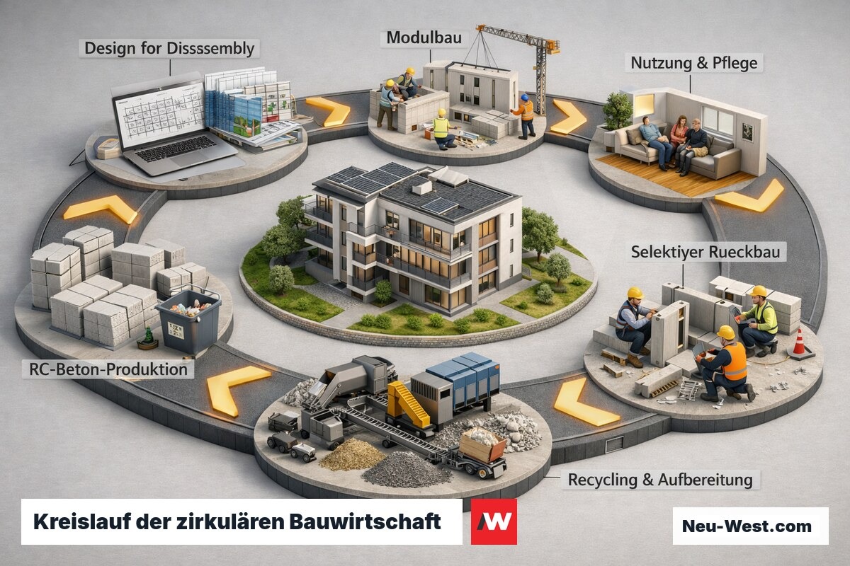 Sechsstufiger Kreislauf von Gebäudeplanung über Nutzung und Rückbau bis zum Recycling von Baustoffen
