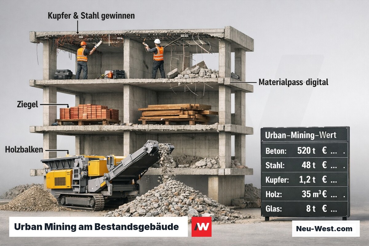 Querschnitt eines Abbruchgebäudes mit schichtweiser Materialgewinnung und digitalem Materialpass