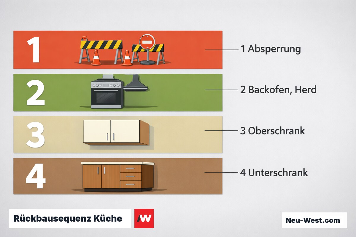 Rückbausequenz Küche: Abhängigkeitskette und Sperrfristen – Erklär-Grafik (NEUWEST Berlin)
