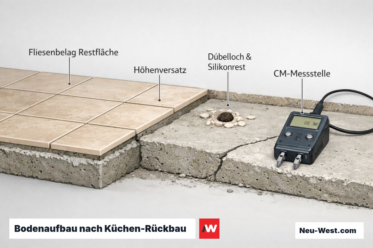 Querschnitt eines Küchenbodens nach Rückbau: Fliesenrest, Höhenversatz zum Estrich, Dübellöcher, Silikonreste und CM-Feuchtemessung im Zementestrich.