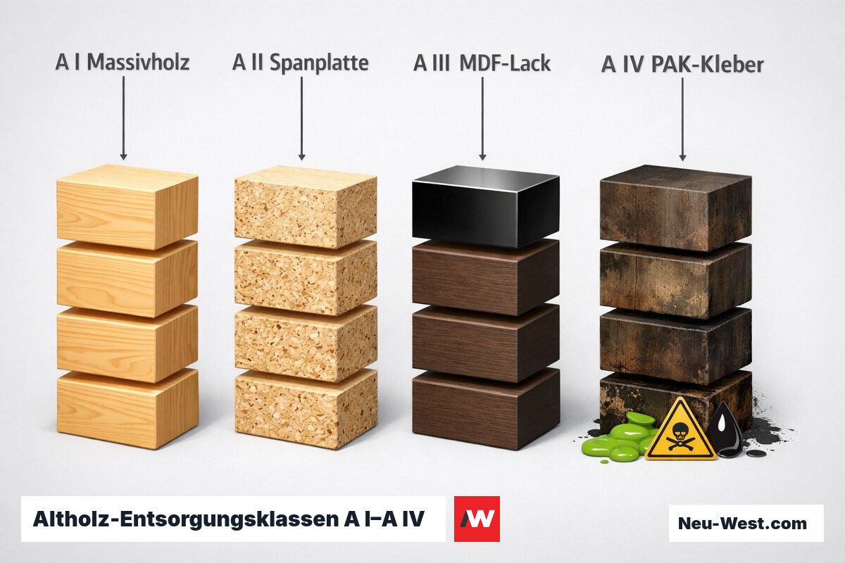 Altholz-Entsorgungsklassen A I–A IV (AltholzV 2002): Küchenmöbel – Erklär-Grafik (NEUWEST Berlin)