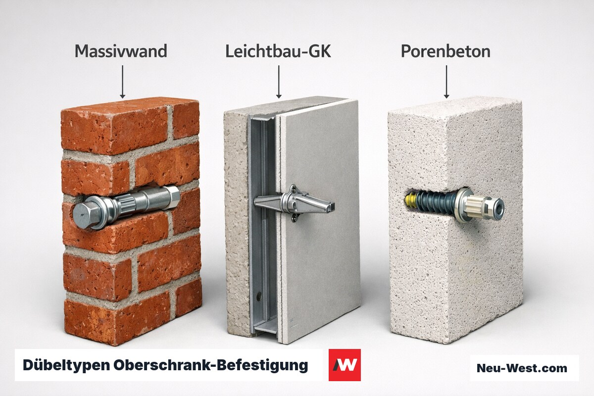 Dübeltypen Oberschrank-Befestigung: Traglast nach Wandtyp – Erklär-Grafik (NEUWEST Berlin)