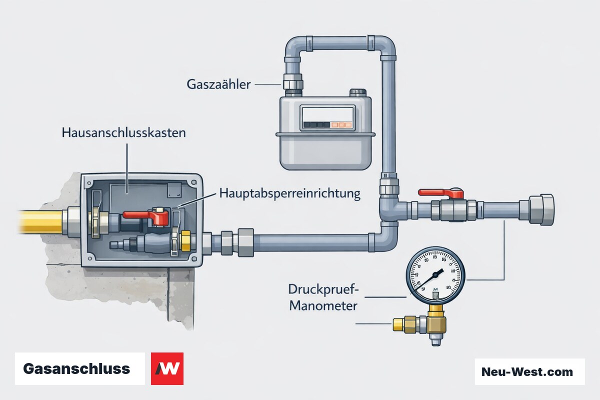 Cutaway-Schema des Gas-Hausanschlusses mit Hausanschlusskasten, Hauptabsperrventil, Gaszähler und Manometer zur Dichtheitsprüfung nach TRGI 2018.