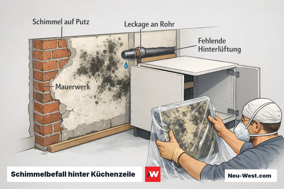 Querschnitt einer Küchenwand mit Schimmel auf Putz, Mauerwerk, Rohrleckage und fehlender Hinterlüftung hinter demontierter Küchenzeile.