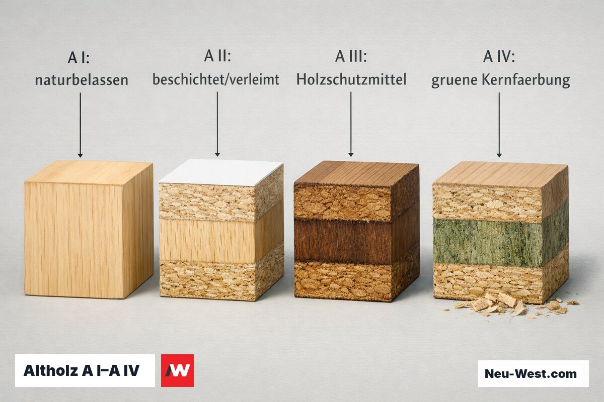 Vergleichsgrafik vier aufgeschnittener Holzproben von Altholzklasse A I bis A IV mit grünlicher Kernfärbung als A-IV-Merkmal bei Küchenmöbeln.