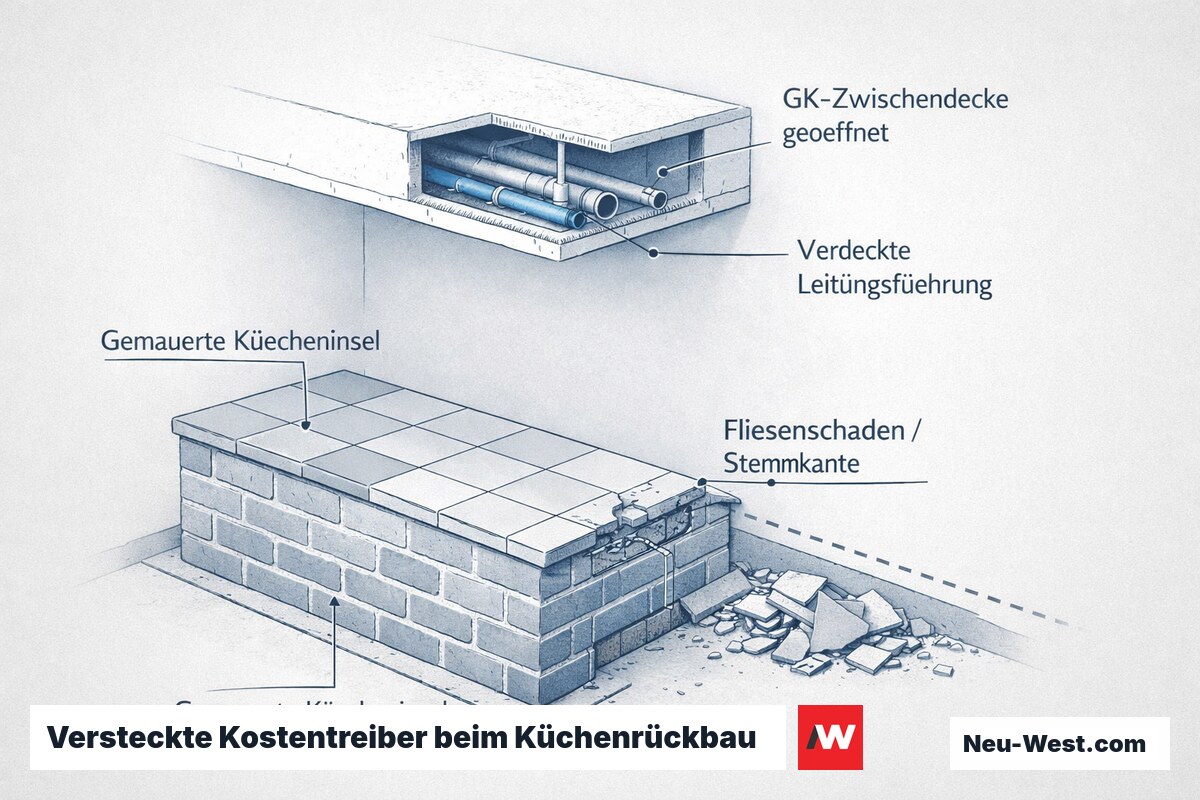 Querschnitt einer Küche mit gemauerter Insel, aufgestemmten Fliesen und geöffneter Gipskarton-Decke mit verdeckten Leitungen als Aufpreisquellen.
