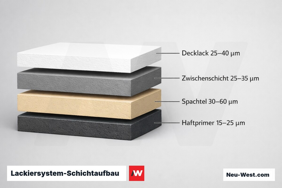 Lackiersystem-Schichtaufbau: Trockenschichtdicken (DFT) je Lage – Erklär-Grafik (NEUWEST Berlin)