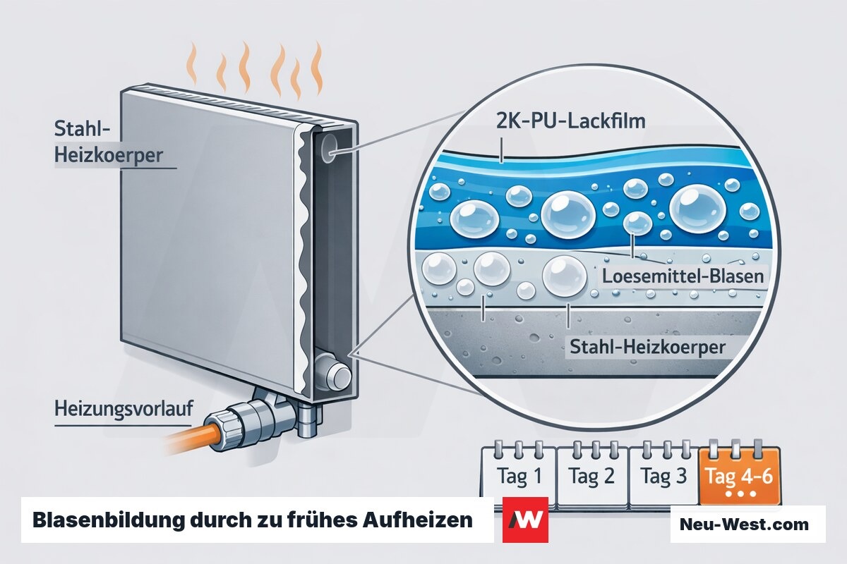 Querschnitt eines Stahlheizkörpers mit noch nicht vernetztem 2K-PU-Lackfilm, in dem Lösemittel bei Betriebstemperatur zu irreversiblen Blasen aufschäumt.