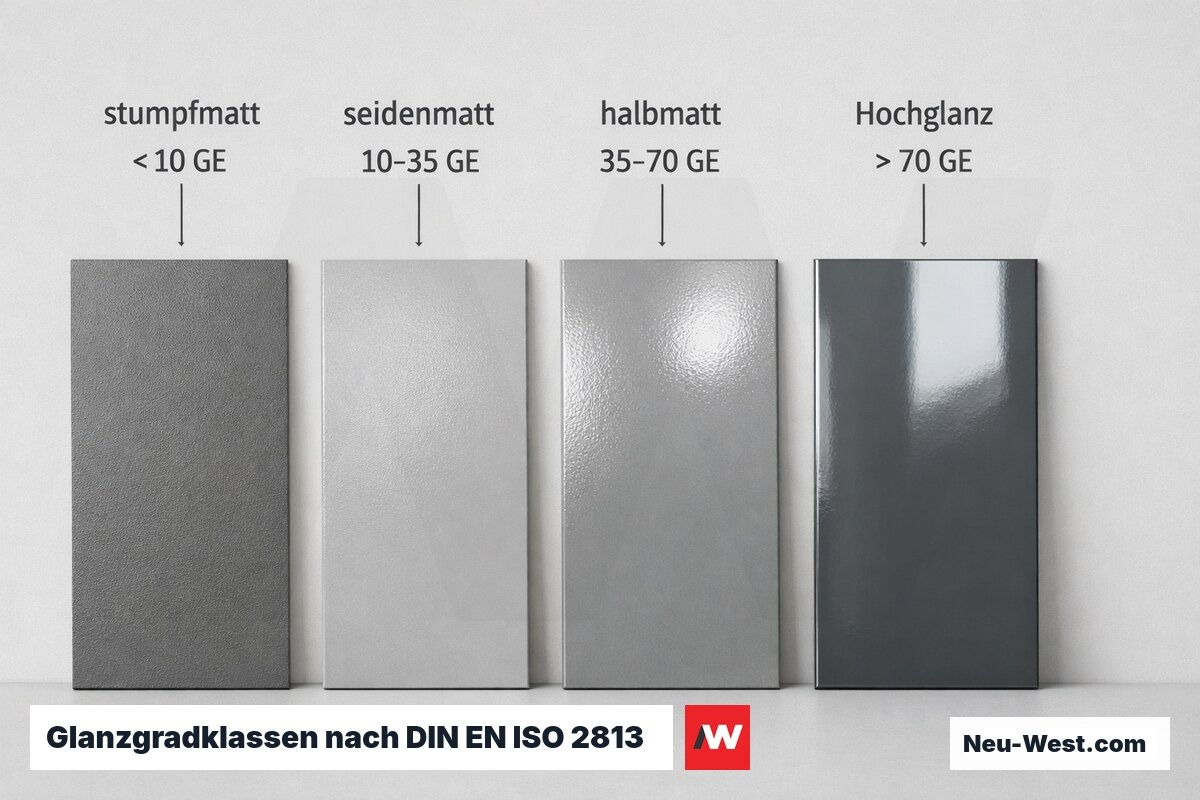 Glanzgradklassen nach DIN EN ISO 2813 (Messwinkel 60°) – Erklär-Grafik (NEUWEST Berlin)