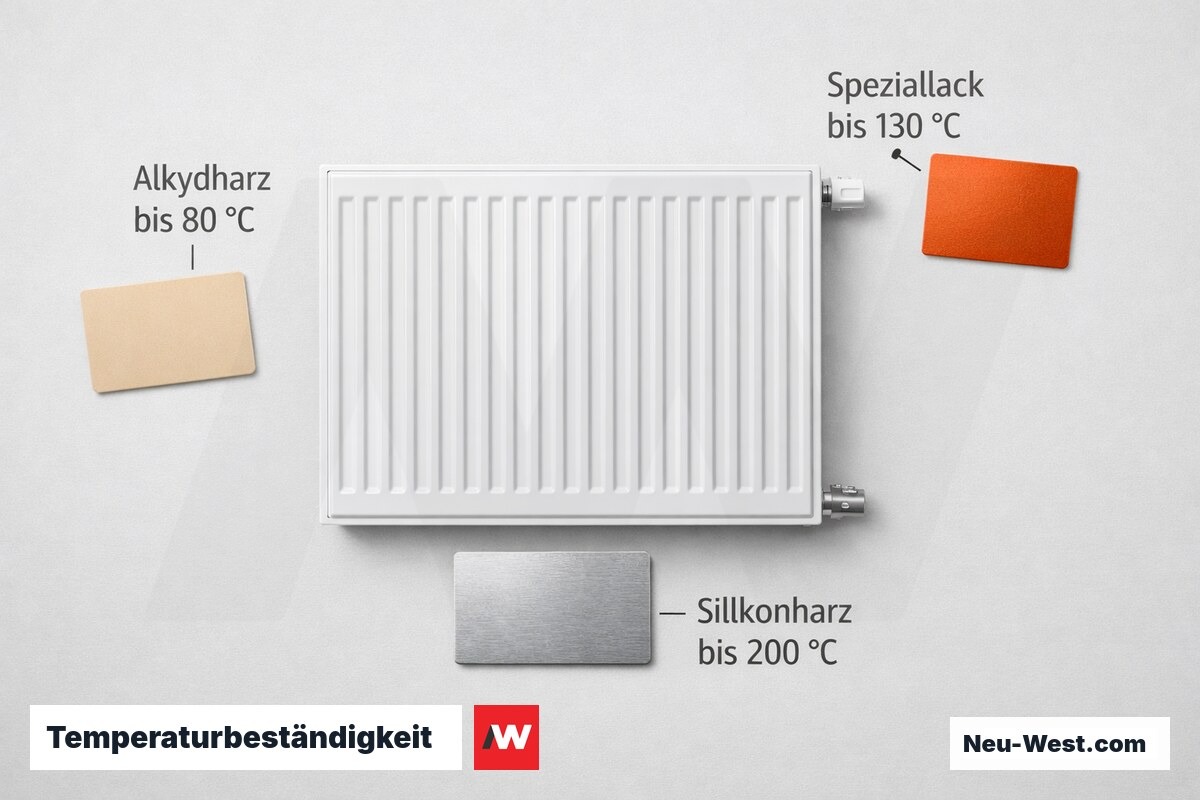 Temperaturbeständigkeit von Lackbindemitteln an Heizkörpern – Erklär-Grafik (NEUWEST Berlin)