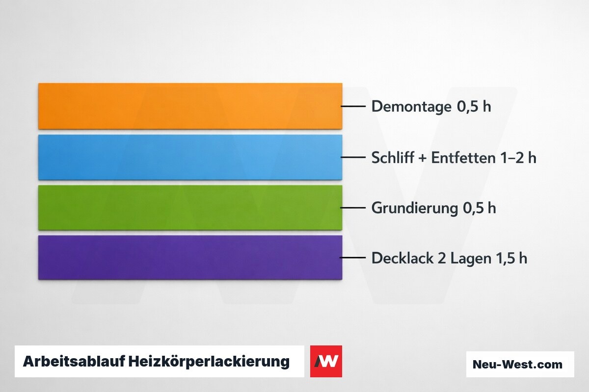 Arbeitsablauf Heizkörperlackierung: Phasen und Zeitrichtwerte – Erklär-Grafik (NEUWEST Berlin)