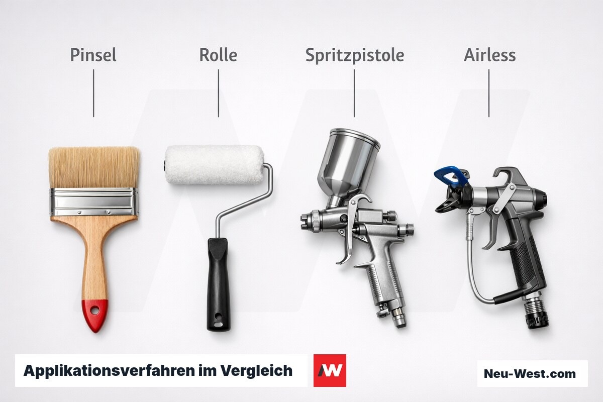 Applikationsverfahren im Vergleich: Schichtgleichmäßigkeit und Einsatzbereich – Erklär-Grafik (NEUWEST Berlin)