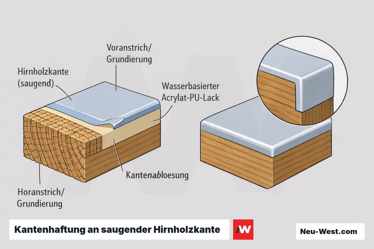 Querschnitt einer saugenden Hirnholzkante mit Voranstrich, wasserbasiertem Acrylat-PU-Lack und beginnender Kantenablösung im Vergleich zum lösemittelbasierten System.