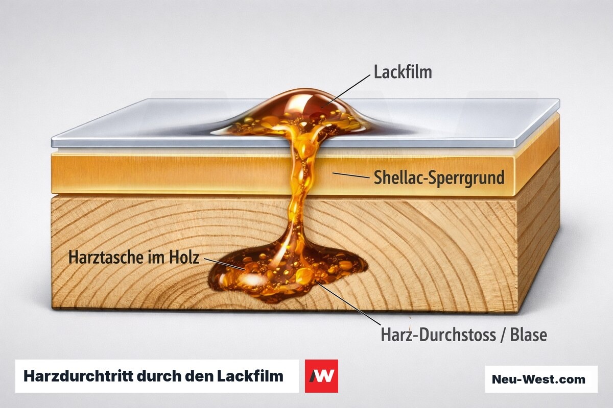 Querschnitt eines Nadelholzbretts: Harz aus einer Harztasche durchstößt Shellac-Grundierung und Lackfilm und bildet eine Blase an der Oberfläche.