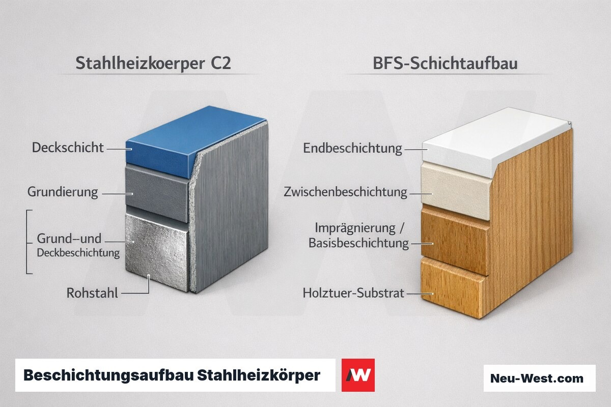 Querschnitt-Vergleich: Korrosionsschutz-Schichten am Stahlheizkörper nach DIN EN ISO 12944 C2 und BFS-Beschichtungsaufbau an einer Holztür.