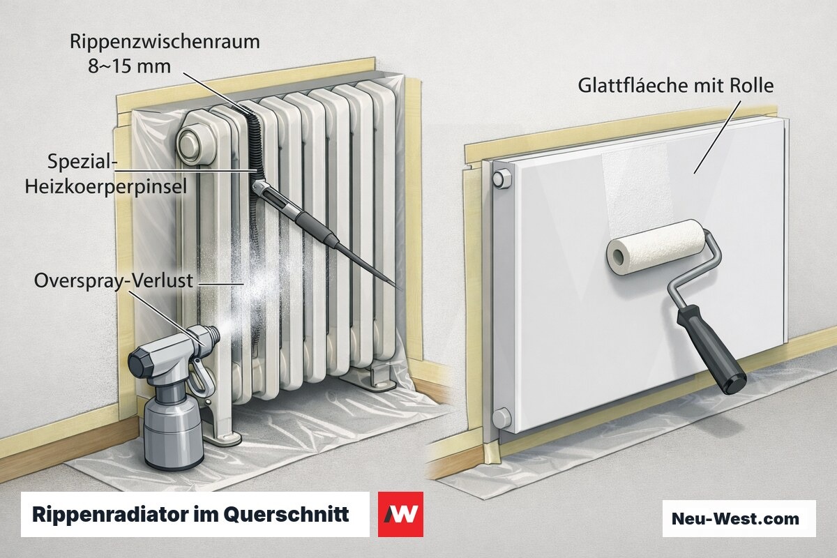 Querschnitt eines Rippenradiators mit engen 8–15 mm Zwischenräumen, Spezialpinsel und Overspray im Vergleich zur glatten Plattenheizkörper-Fläche.