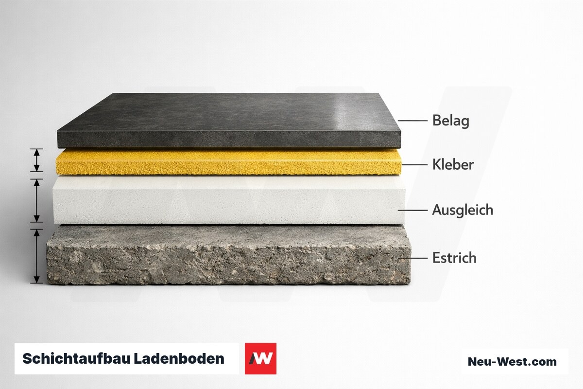 Schichtaufbau Ladenboden — Aufbauhöhen und Ebenheitstoleranzen – Erklär-Grafik (NEUWEST Berlin)