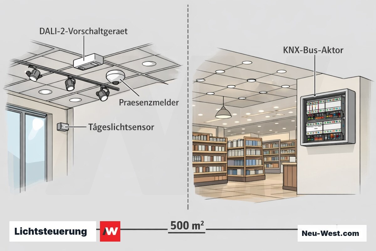 Cutaway-Grafik einer Ladenfläche: links DALI-2 mit Präsenzmelder und Tageslichtsensor, rechts KNX-Zonensteuerung, Flächenskala um 500 m².