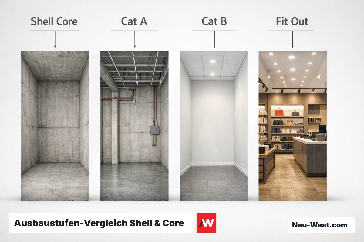 Ausbaustufen-Vergleich Shell & Core bis Full Fit-Out — Leistungsumfang und Kosten je Stufe – Erklär-Grafik (NEUWEST Berlin)