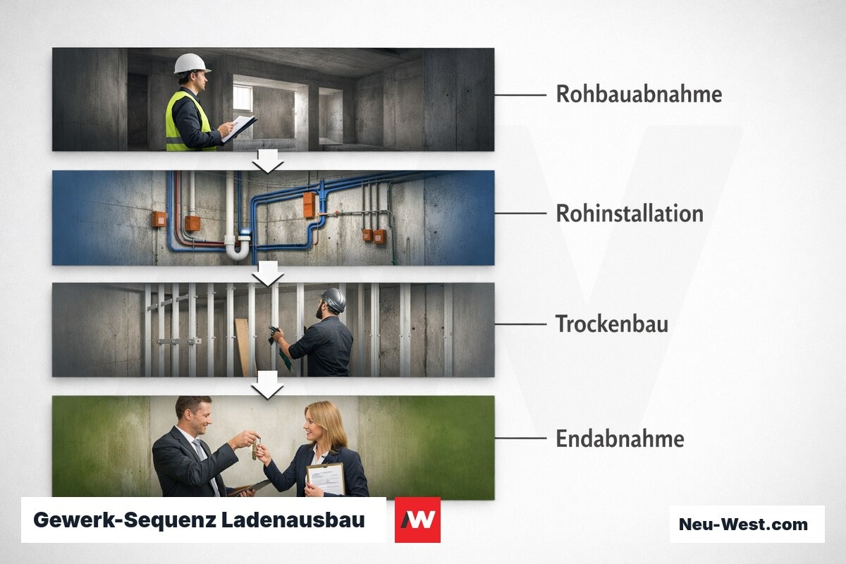 Gewerk-Sequenz Ladenausbau — Ausführungsphasen und Sperr-Abhängigkeiten – Erklär-Grafik (NEUWEST Berlin)