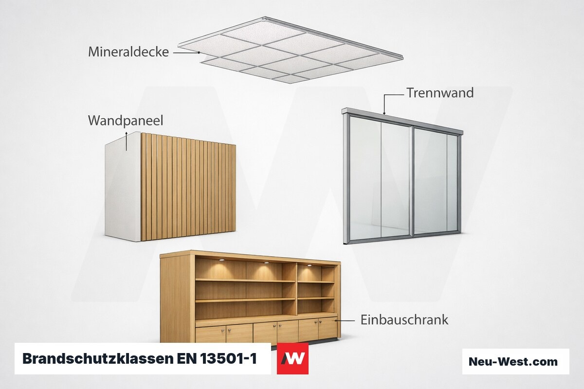 Brandschutzklassen EN 13501-1 — Einbauteile im Ladenausbau – Erklär-Grafik (NEUWEST Berlin)